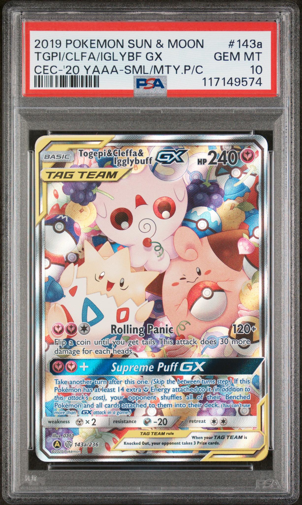 2019 Pokemon Sun and Moon Cosmic Eclipse 2020 Yellow A Alternate Art Small But Mighty Premium Collection Cleffa/Igglybuff/Togepi Gx #143A PSA 10