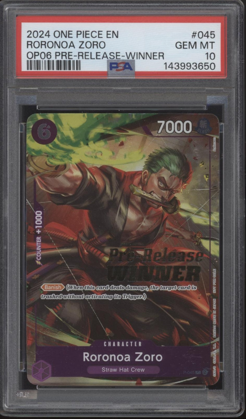 Roronoa Zoro One Piece Card Game OP06 Pre-Release Winner #045 PSA 10