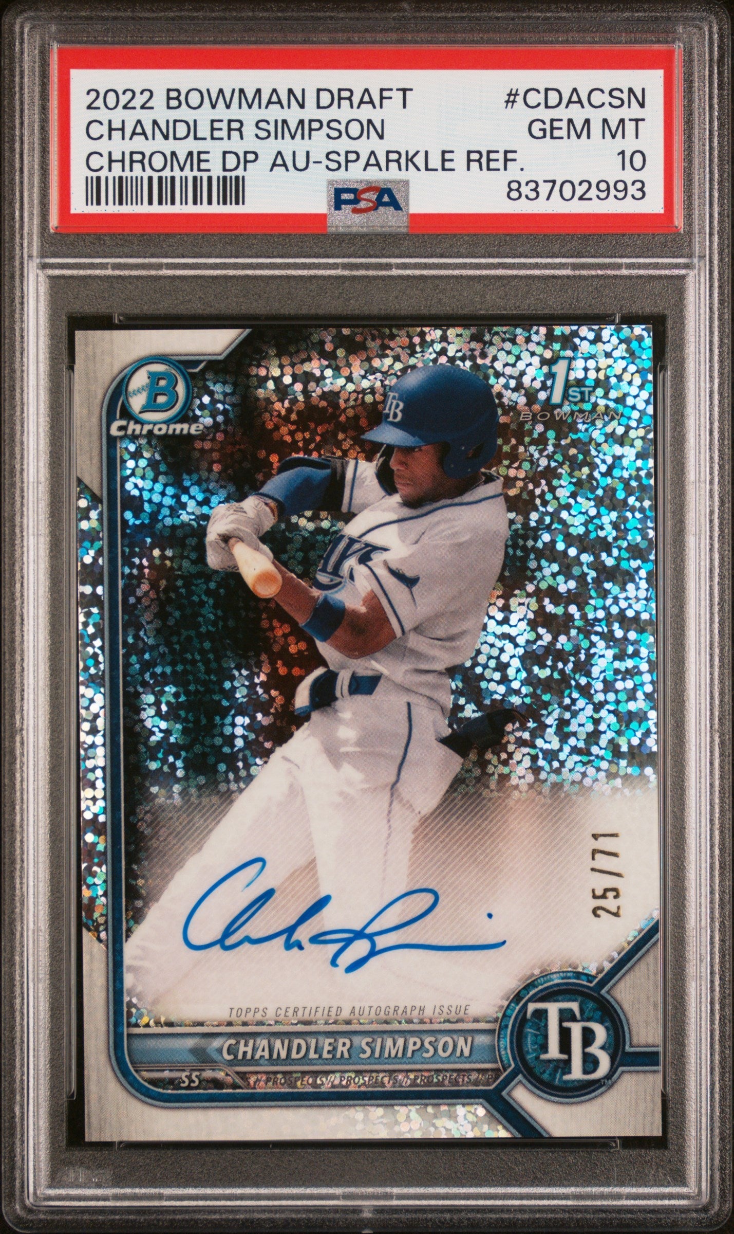 2022 Bowman Chrome Draft Autographs Sparkle Refractors Chandler Simpson #CDACSN /71 PSA 10