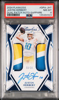 2024 Panini Flawless Dual Patch Autograph Sapphire Justin Herbert #DPA-JHT /10 PSA 8