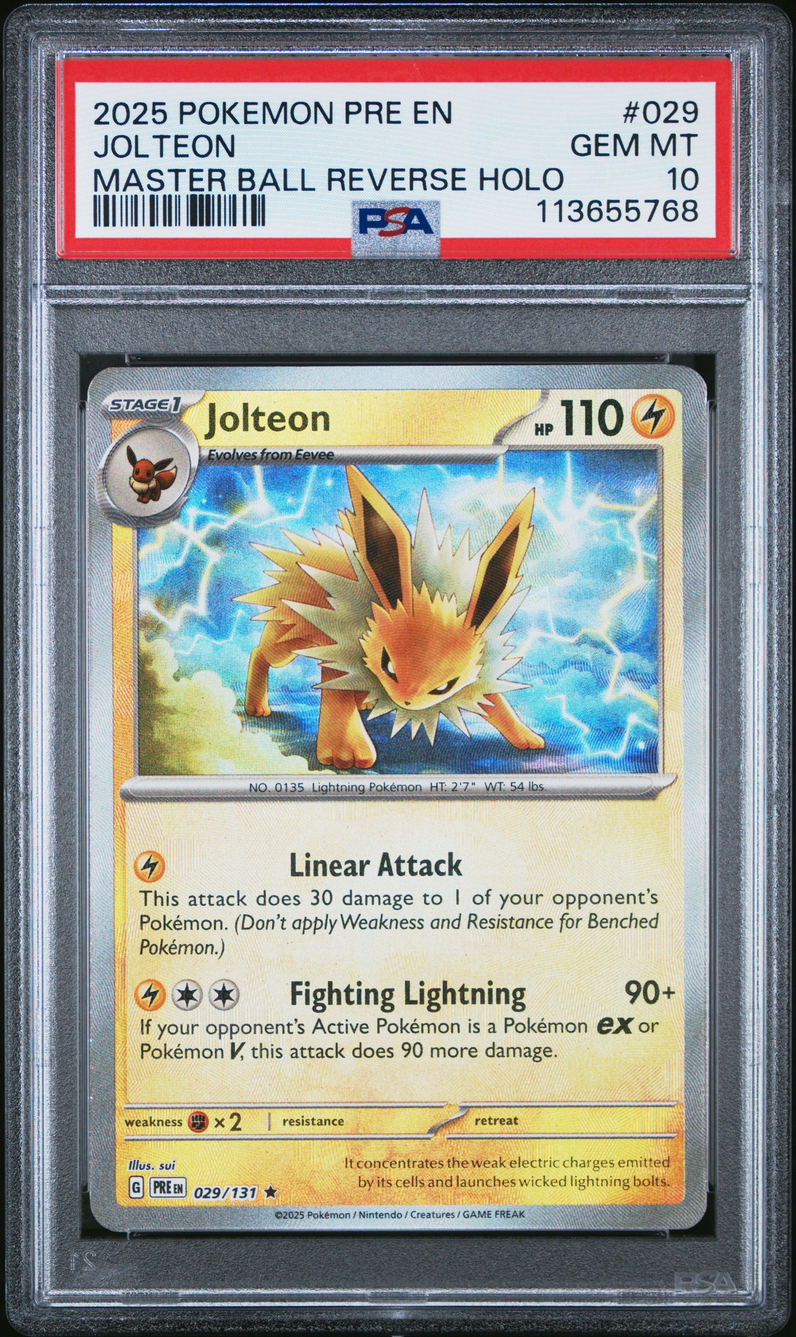 JOLTEON MASTER BALL REVERSE HOLO 2025 POKEMON PRE EN-PRISMATIC EVOLUTIONS PSA GEM MT 10