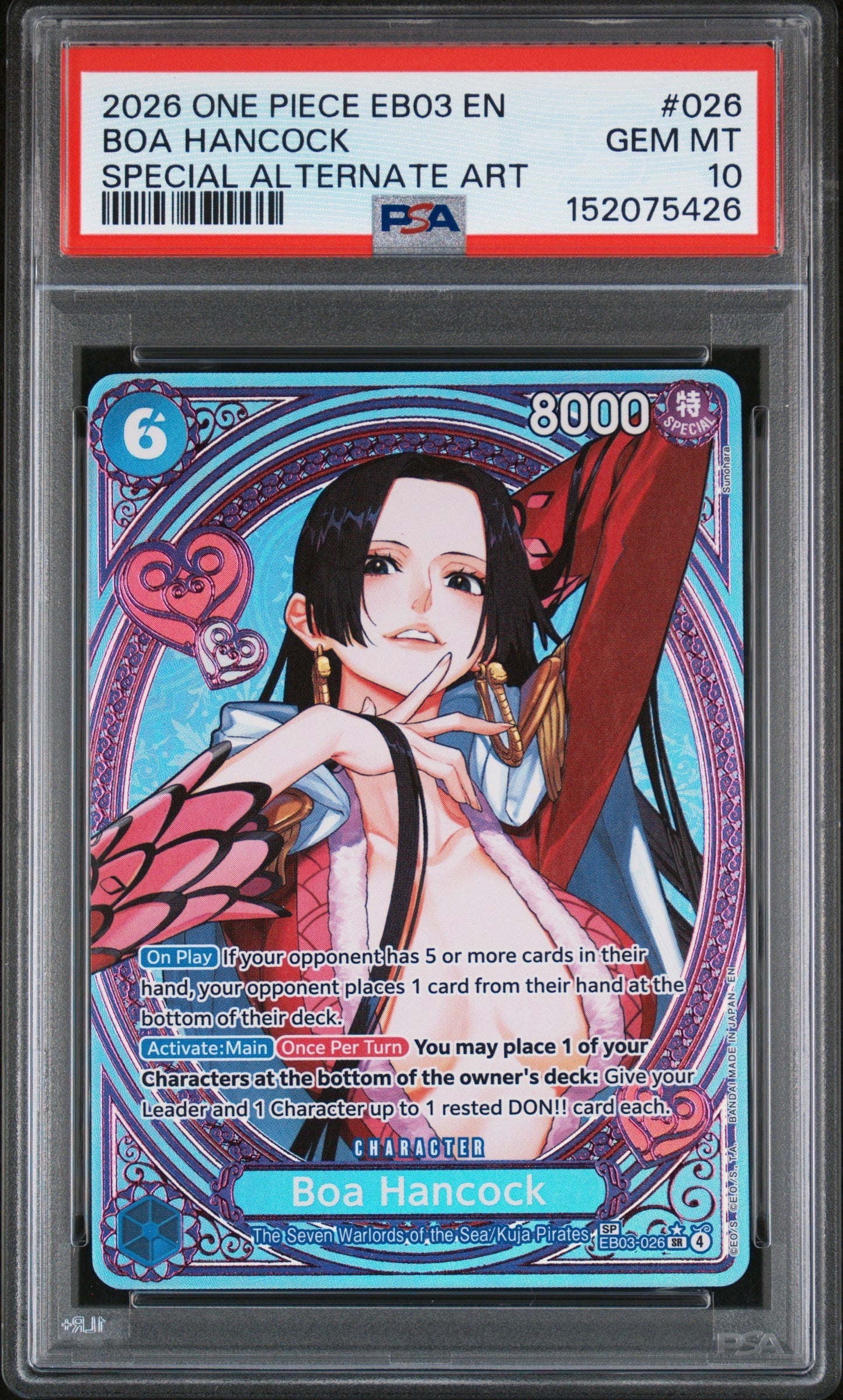 BOA HANCOCK SPECIAL ALTERNATE ART 2026 ONE PIECE EB03-EXTRA BOOSTER -ONE PIECE HEROINES EDITION- PSA GEM MT 10