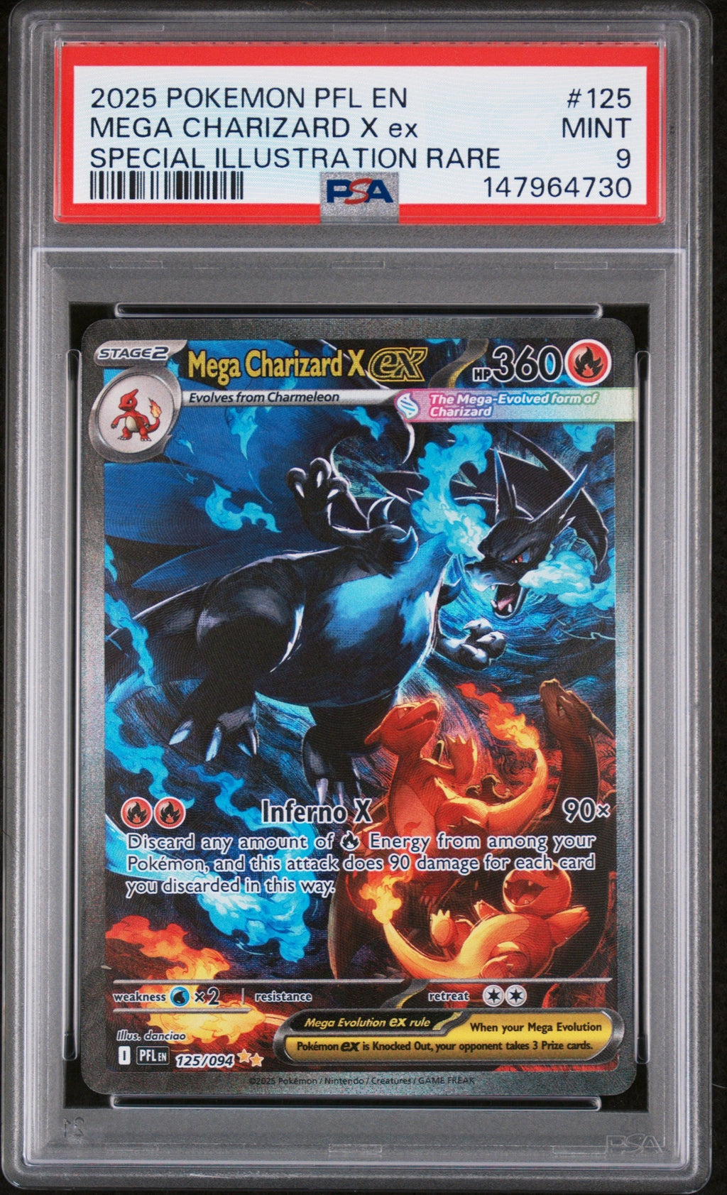 MEGA CHARIZARD X ex SPECIAL ILLUSTRATION RARE 2025 POKEMON PFL EN-PHANTASMAL FLAMES PSA MINT 9