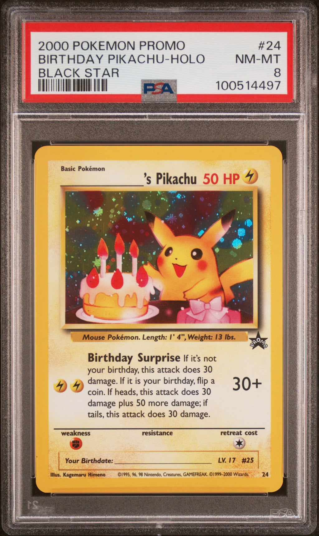 BIRTHDAY PIKACHU-HOLO BLACK STAR 2000 POKEMON PROMO BLACK STAR PSA NM-MT 8