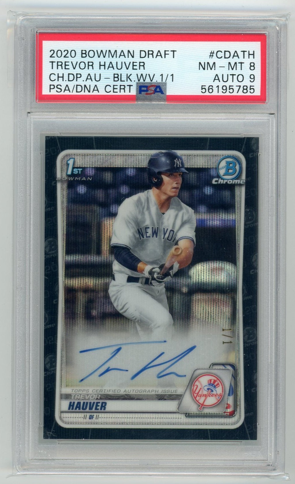 TREVOR HAUVER 2020 Bowman Chrome Draft Autograph Black WAVE REFRACTOR 1/1